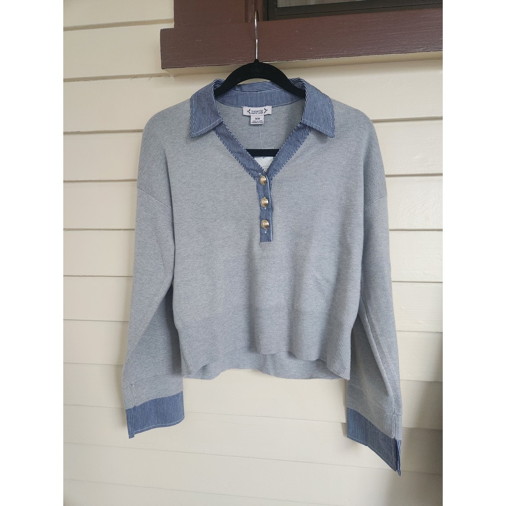 Nanette Lepore Grey Coastal Knit Sweater Striped Collar Gold Buttons Size M
